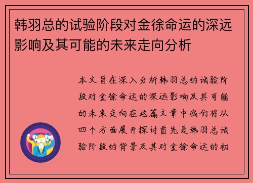 韩羽总的试验阶段对金徐命运的深远影响及其可能的未来走向分析 韩羽总的试验阶段对金徐命运的深远影响及其可能的未来走向分析