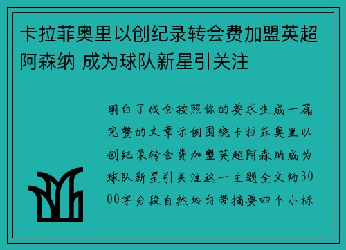 卡拉菲奥里以创纪录转会费加盟英超阿森纳 成为球队新星引关注