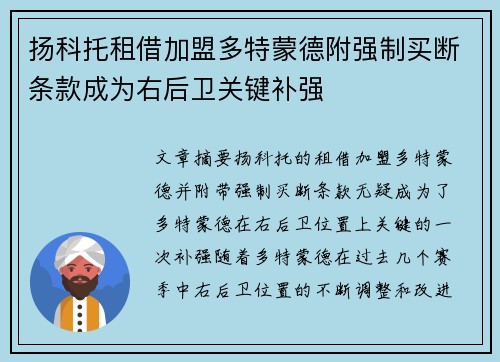 扬科托租借加盟多特蒙德附强制买断条款成为右后卫关键补强 扬科托租借加盟多特蒙德附强制买断条款成为右后卫关键补强